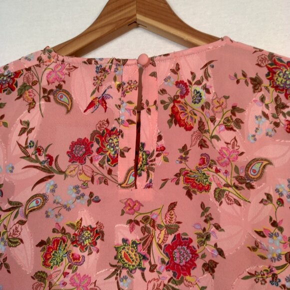 Loft Blouse Shirt XXS Petite Pink Floral Long Balloon Sleeve Semi Sheer Textured - Picture 6 of 11